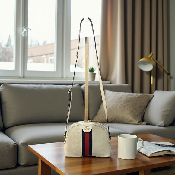 GUCCI Textured Dollar Calfskin Web Small Ophidia Dome Shoulder Bag Mystic White - Picture 1 of 14